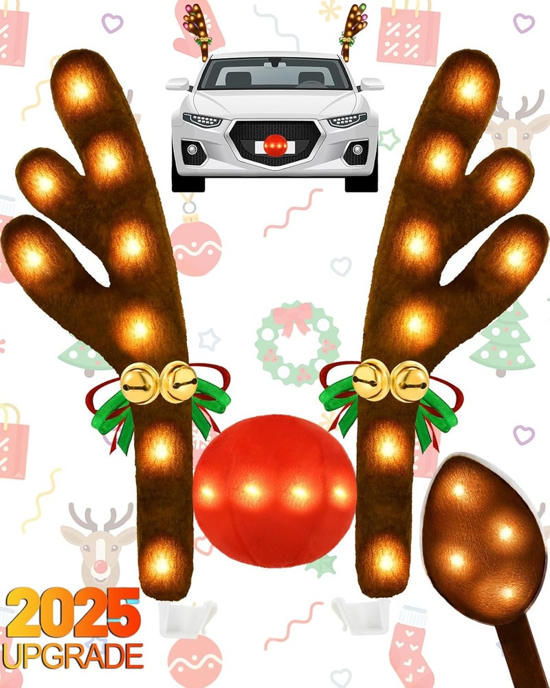 Dergo Christmas Reindeer Antlers Car Decoration Kit 2025, LED Lights Nose Vehicle with Jingle Bells Rudolph, Cute Costume Auto Holiday Accessories for SUV Van Truck Decor Warm White - Image 1